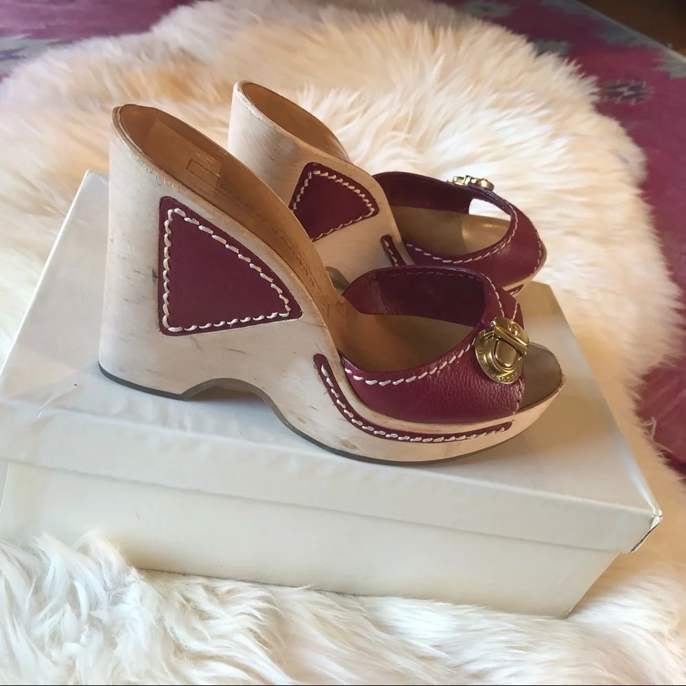 Marc Jacobs Red Leather Wood Platform Slides Sz 7.5/38